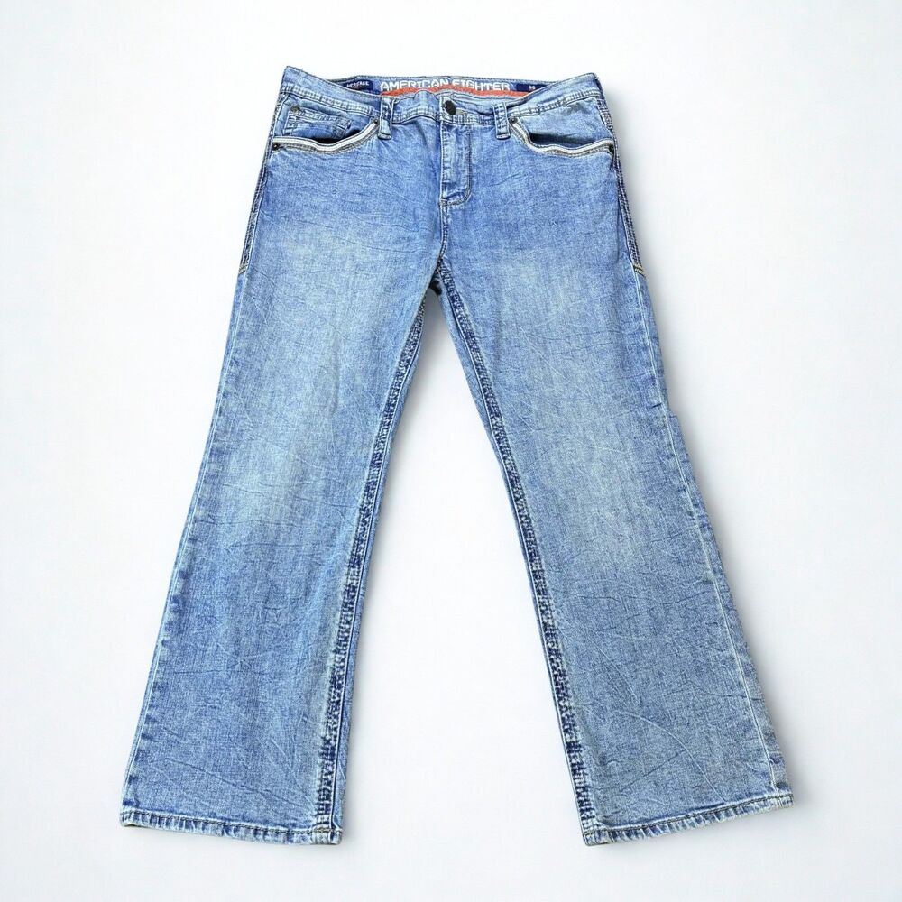 American Fighter Jeans Mens 38 Heritage Boot Cut Light Wash Embroidered Stretch